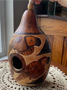 Hand Crafted Brown and Black Parrots And Flowers Hand Carved Gourd Birdhouse EUC